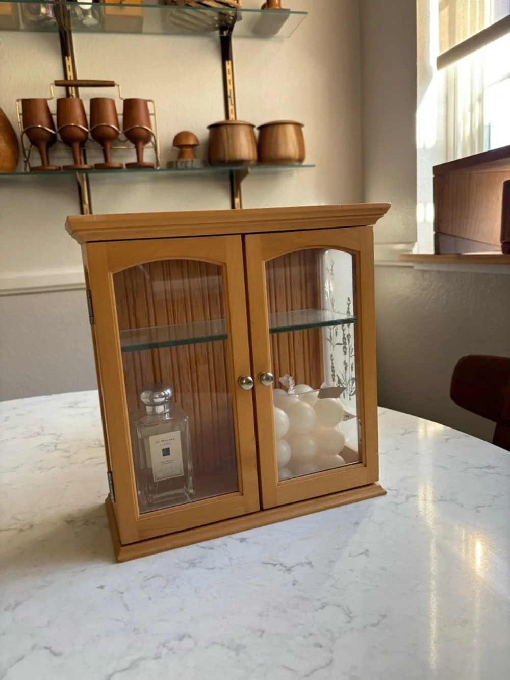 Wood Vintage Mini Curio Dispkay with Glass Shelf - Natural Brown